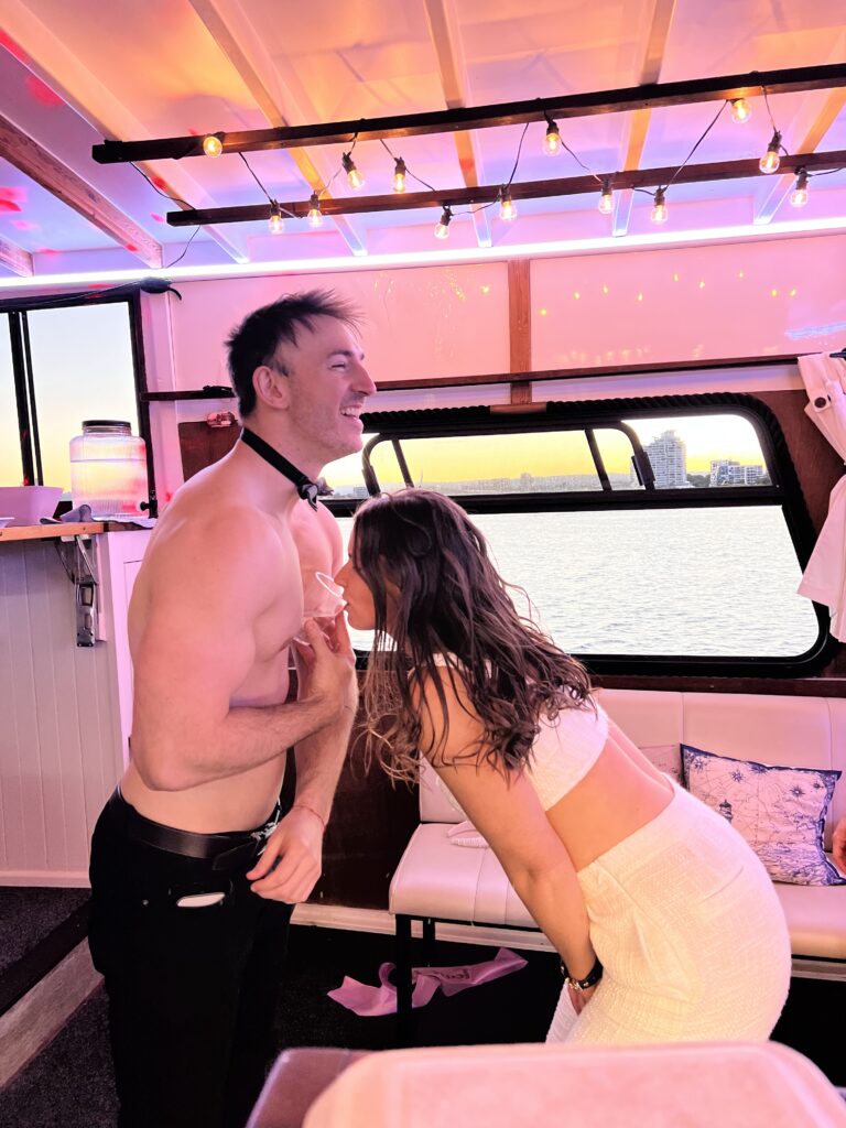 male waiter and bride playing games